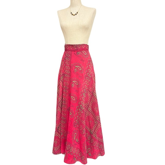 Vintage Dresses & Skirts - Vintage Boho Wrap Skirt Pink Paisley Hippie Maxi, Sunita, S/M Fit Hippy Boho